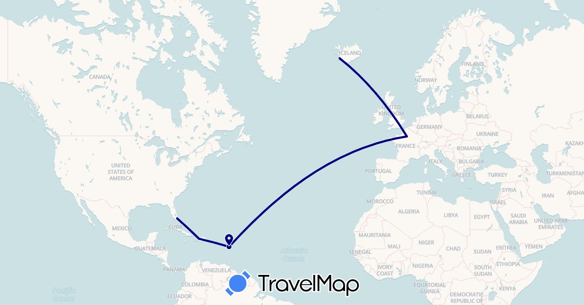TravelMap itinerary: driving in France, Guadeloupe, Haiti, Iceland, United States (Europe, North America)